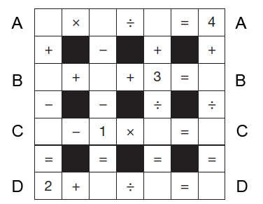 Introduceti numerele in patratele ramase libere astfel incat suma pe fiecare linie si coloana sa fie corecta. Toate numerele care trebuiesc introduse sunt mai mici decat 10.<br />
In casuta de raspuns A, B, C, D introduceti numerele in ordinea pozitiei de la stanga la dreapta, urmate de virgula si spatiu.<br />
Ex: Casuta A 1, 2, 8