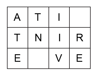 Literele din patrat formeaza cu cuvant, pentru a-l descoperi nu trebuie sa grupati literele pe diagonala, ci pe verticala sau pe orizontala,  sa gasiti punctul de plecare si literele lipsa.<br />
Scrieti cuvantul exact cum este scris si in patrat.