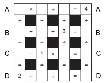 Introduceti numerele in patratele ramase libere astfel incat suma pe fiecare linie si coloana sa fie corecta. Toate numerele care trebuiesc introduse sunt mai mici decat 10.<br />
In casuta de raspuns A, B, C, D introduceti numerele in ordinea pozitiei de la stanga la dreapta, urmate de virgula si spatiu.<br />
Ex: Casuta A 1, 2, 8