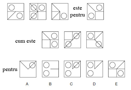 Test de abilitati in spatiu<br />
Citeste cu atentie instructiunile si studiaza cu atentie diagramele.<br />
Primul grup de trei patrate este pentru cel de al patrulea cum este cel de al doilea grup de patrate pentru unul din cele cele cinci afisate mai jos. Selectati patratul care credeti ca se potriveste pozitiei.