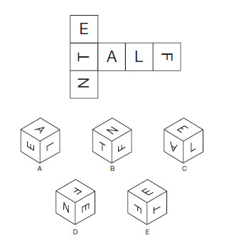 Test de abilitati in spatiu<br />
Citeste cu atentie instructiunile si studiaza cu atentie diagramele.<br />
Cand forma de mai sus este impaturita pentru a forma un cub, care din urmatoarele cuburi rezulta?