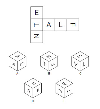 Test de abilitati in spatiu<br />
Citeste cu atentie instructiunile si studiaza cu atentie diagramele.<br />
Cand forma de mai sus este impaturita pentru a forma un cub, care din urmatoarele cuburi rezulta?