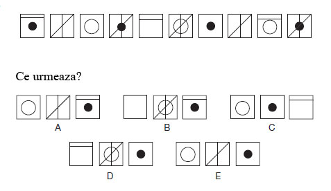 Test de abilitati in spatiu<br />
Citeste cu atentie instructiunile si studiaza cu atentie diagramele.<br />
Care este piesa care urmeaza?