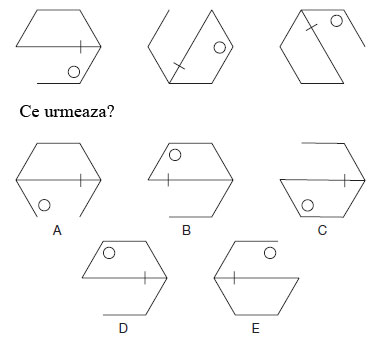 Test de abilitati in spatiu<br />
Citeste cu atentie instructiunile si studiaza cu atentie diagramele.<br />
Care este figura care urmeaza?